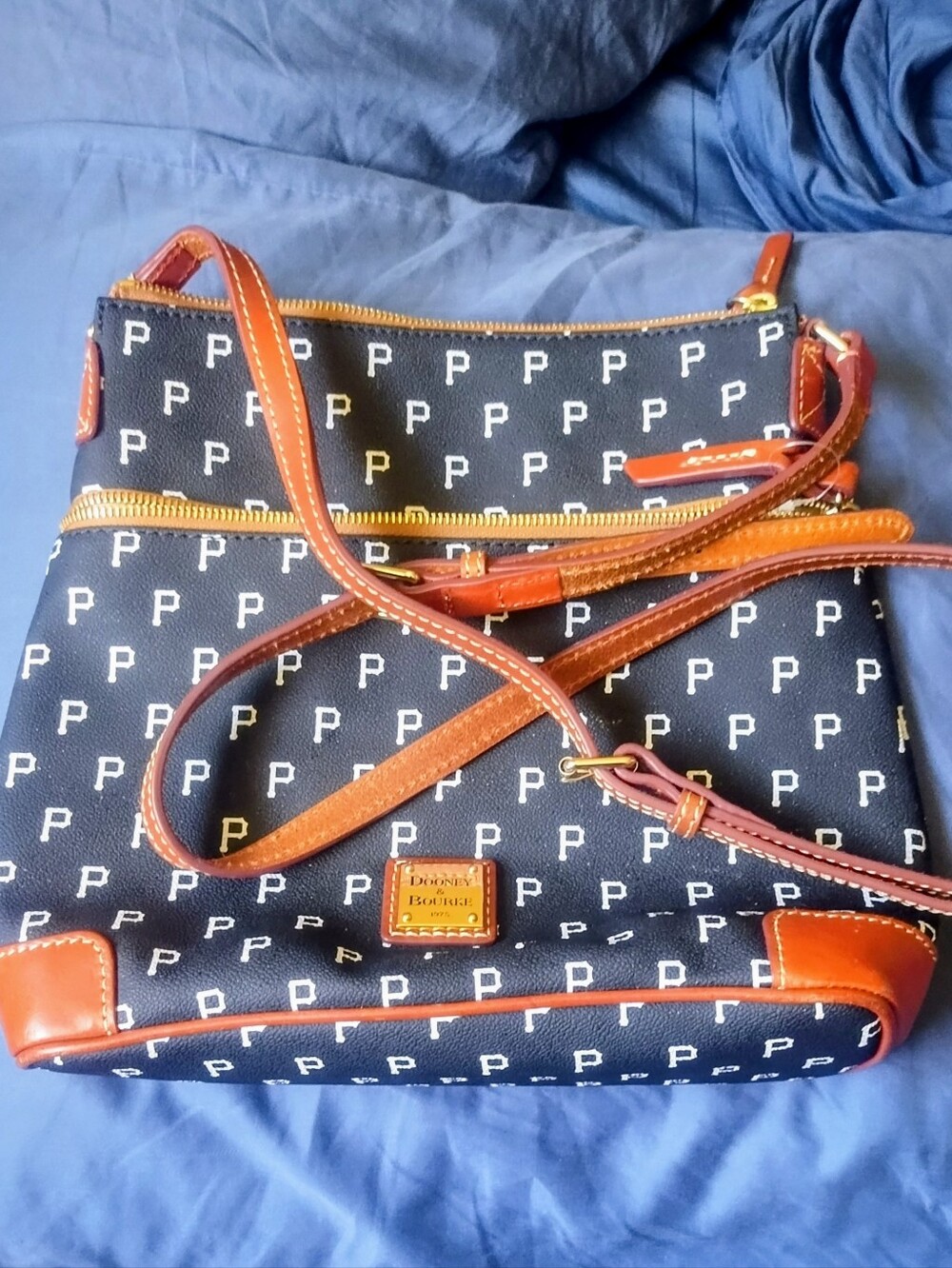 Dooney & Bourke Black P Logo Crossbody with Brown Leather Trim